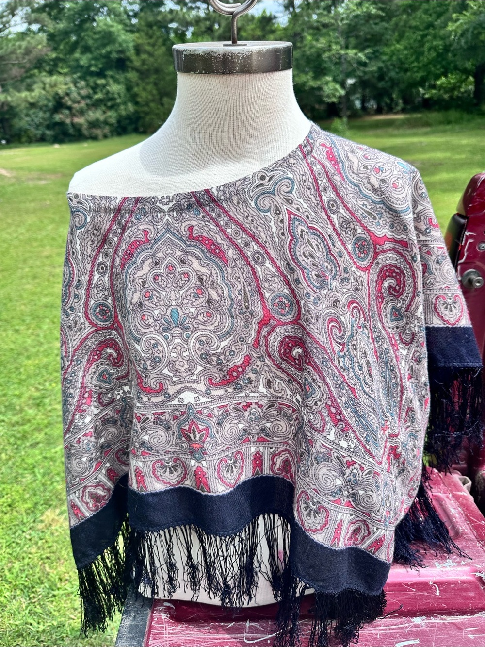 Custom made Paisley Fringe Shawl in Pink, Navy & Cream
